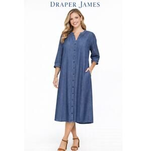 Draper James Denim Shift Dress Size 10 Relaxed Midi Length Southern Preppy